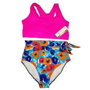 Womens 2-Piece Bikini Set Swimsuit Size XL Bright TopFloral High-Waist Bottoms